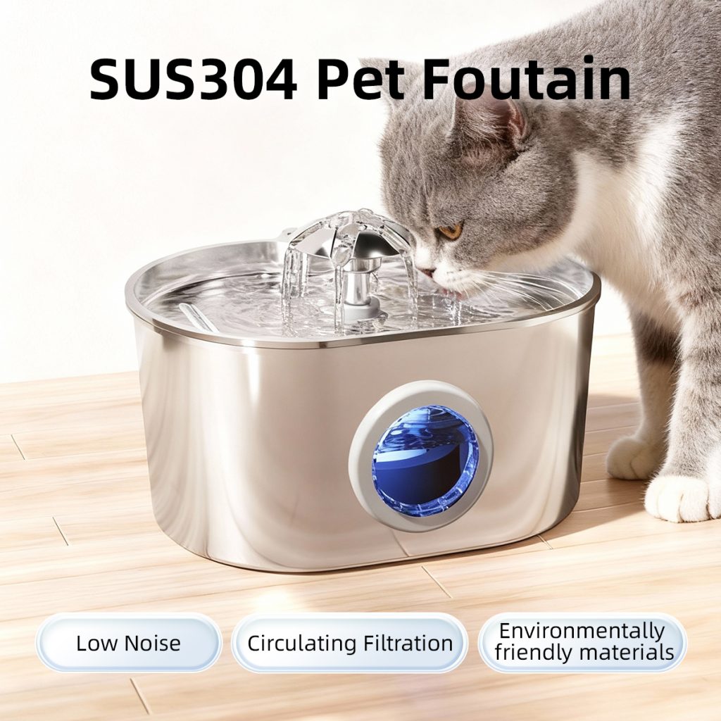 Cat drinking from a stainless steel SUS304 pet fountain; features listed: Low Noise, Circulating Filtration, Environmentally friendly materials.