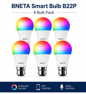 Six BNETA Smart Bulbs in a 2x3 grid glowing rainbow colors, with 'BNETA Smart Bulb B22P' and '6 Bulb Pack' text above.