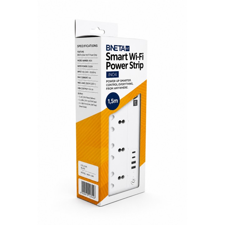IN04MKT_04png - BNETA BNET Smart Wi-Fi Power Strip packaging, white with orange accents, showing a 1.5m power strip image on the box