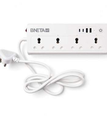 IN04MKT_05 - BNETA White power strip with four outlets and USB ports, branded BNETA IoT, on a white background.