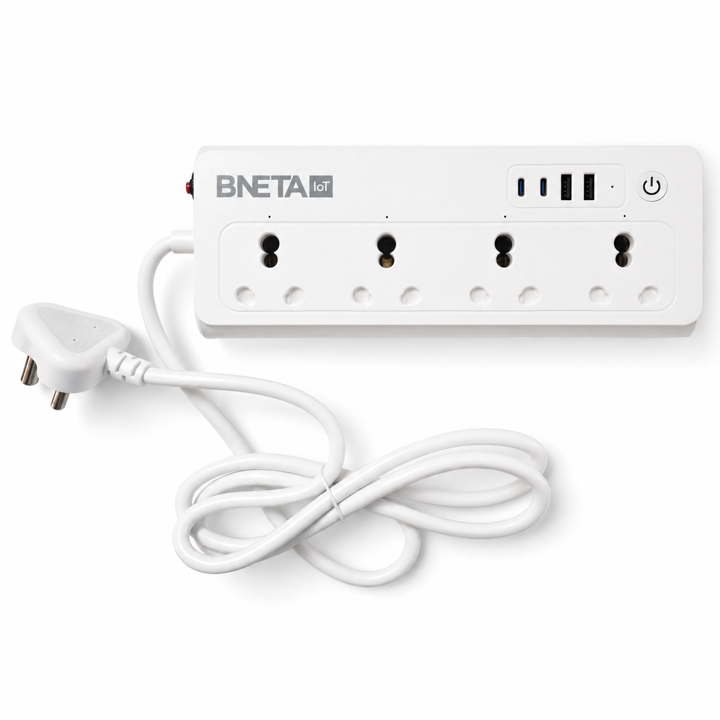 IN04MKT_05 - BNETA White power strip with four outlets and USB ports, branded BNETA IoT, on a white background.