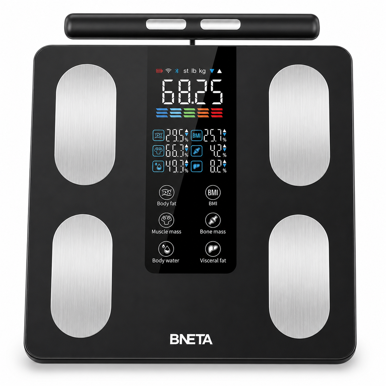 01-BNETA-Scale-Primary-Image - BNETA BNETA body composition scale with four metal foot pads and a central display showing weight and body metrics (fat, BMI, muscle, bone, water).