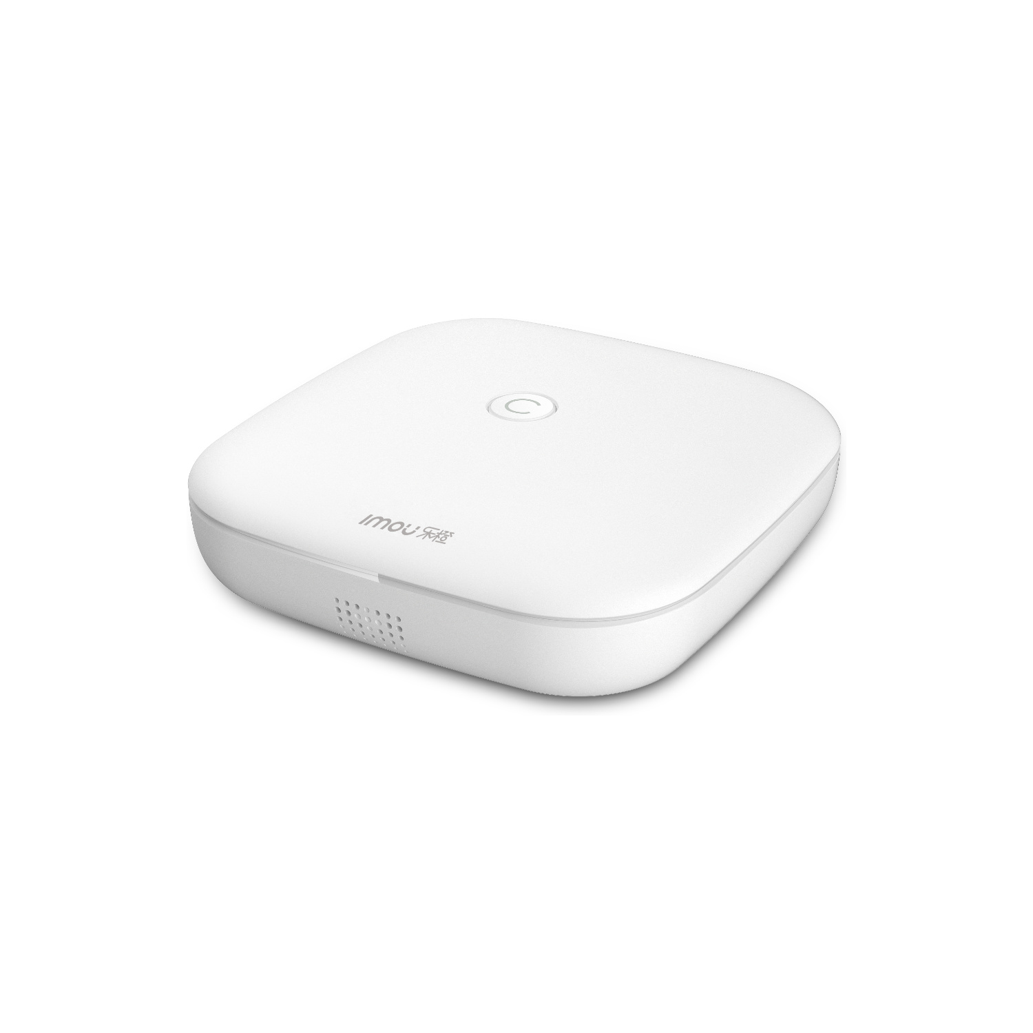 01_IMOU_Alarm_Gateway_Angled - BNETA White square-shaped, rounded electronic device with a circular power button centered on top.