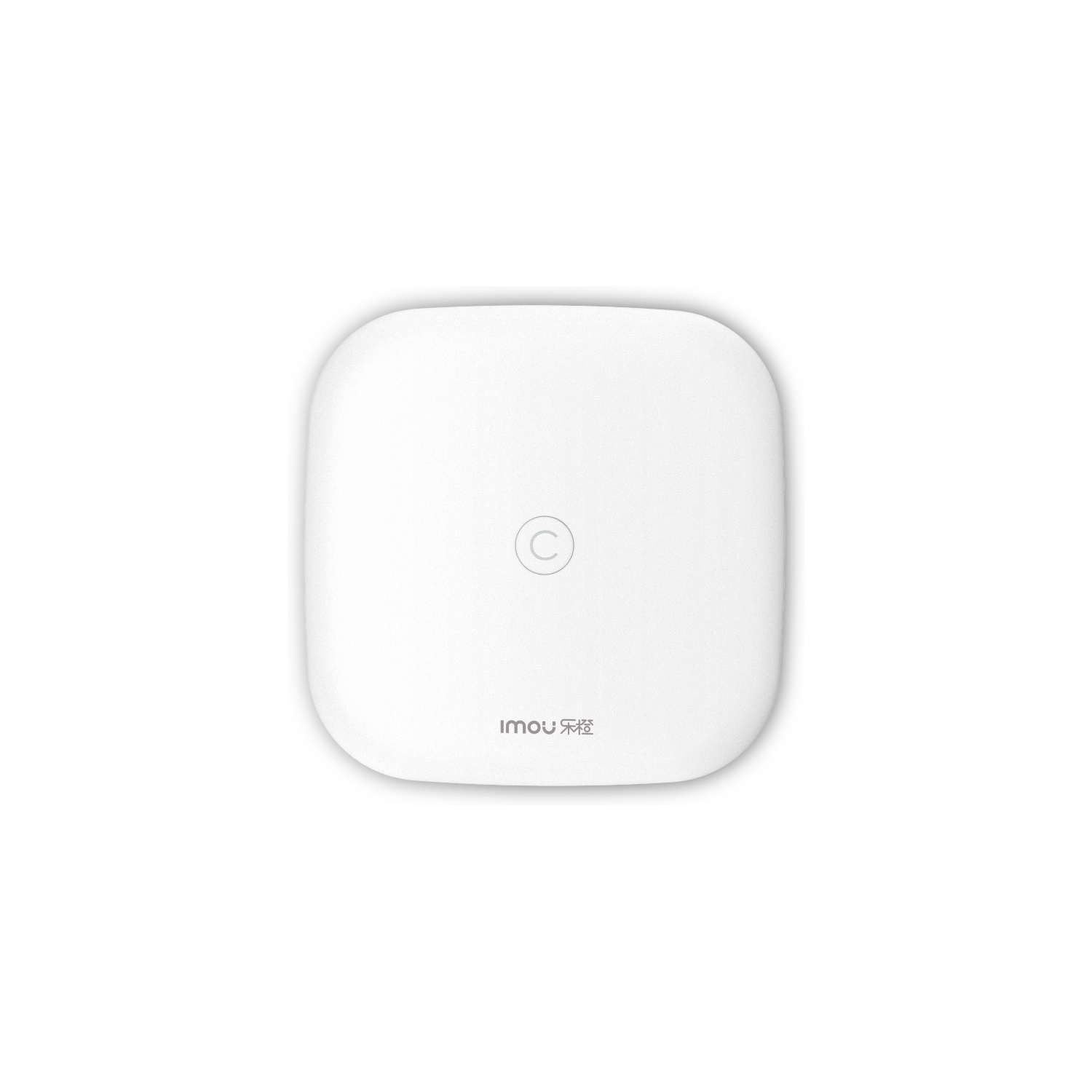 02_IMOU_Alarm_Gateway_Front - BNETA White, rounded-square smart device with a central circular power button and IMOU branding underneath