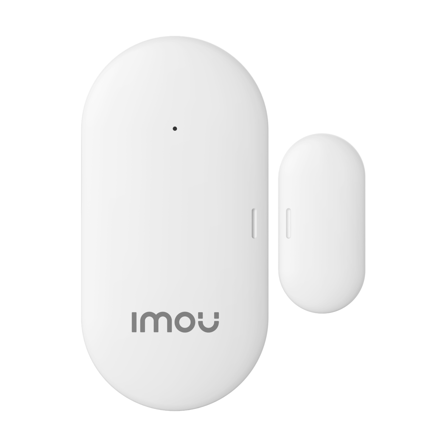 03_IMOU_Door_Window_Sensor_Front - BNETA Two white oval-shaped devices in different sizes, with a small side button and the Imou logo visible, shown in close-up.