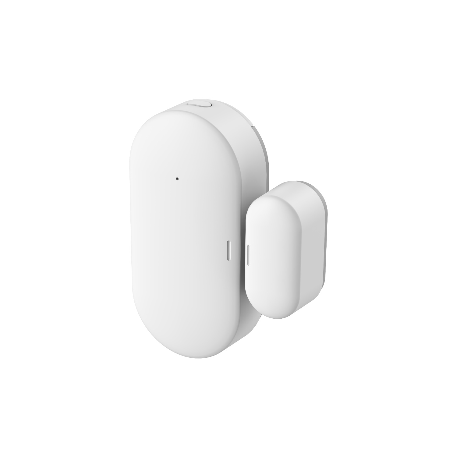 04_IMOU_Door_Window_Sensor_Angled - BNETA Two white, rounded wall-mounted door stops shown in an angled, close-up view (large and small).