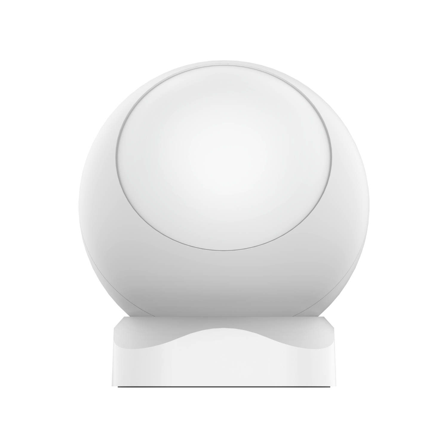 08_IMOU_Motion_Sensor_Front - BNETA Glossy white sphere resting on a reflective pedestal against a white background.