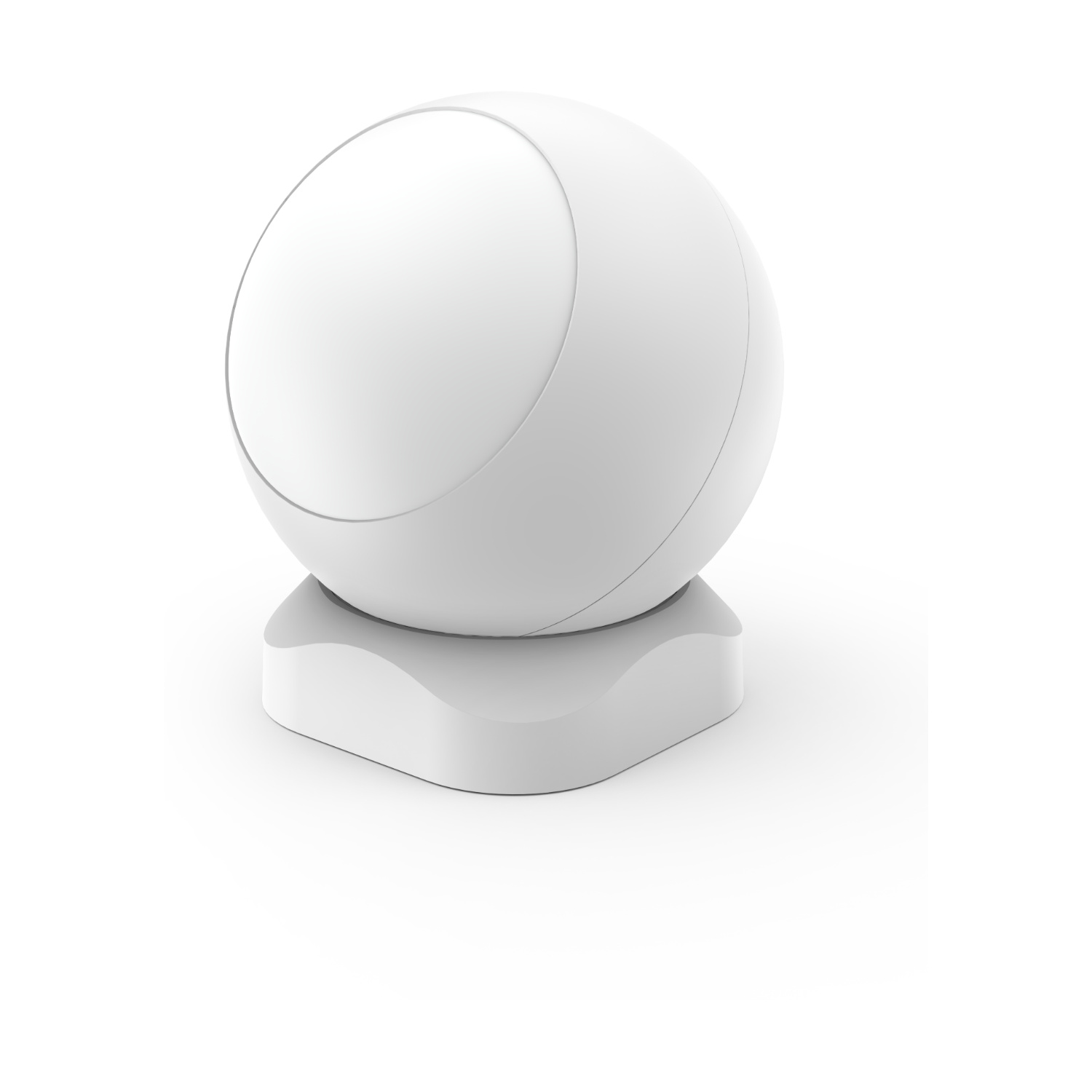 09_IMOU_Motion_Sensor_Angled - BNETA Glossy white sphere resting on a square white pedestal, on a white background.