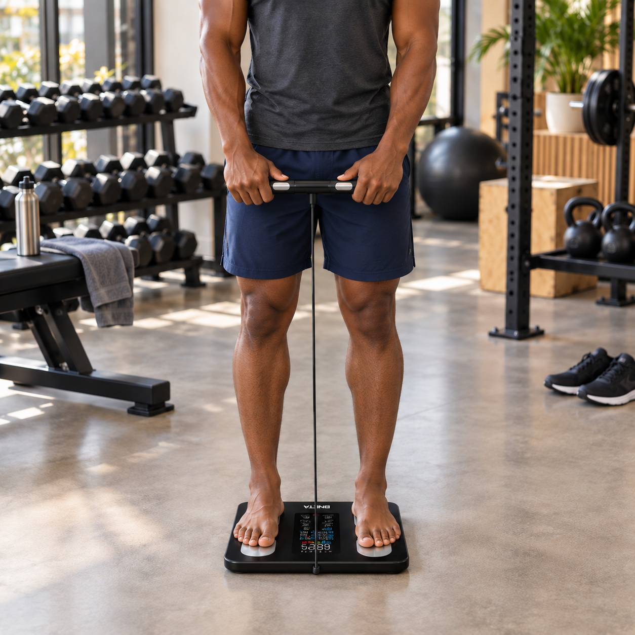 CS20H_Life2 - BNETA Man standing barefoot on a digital body composition scale, gripping hand sensors in a gym.