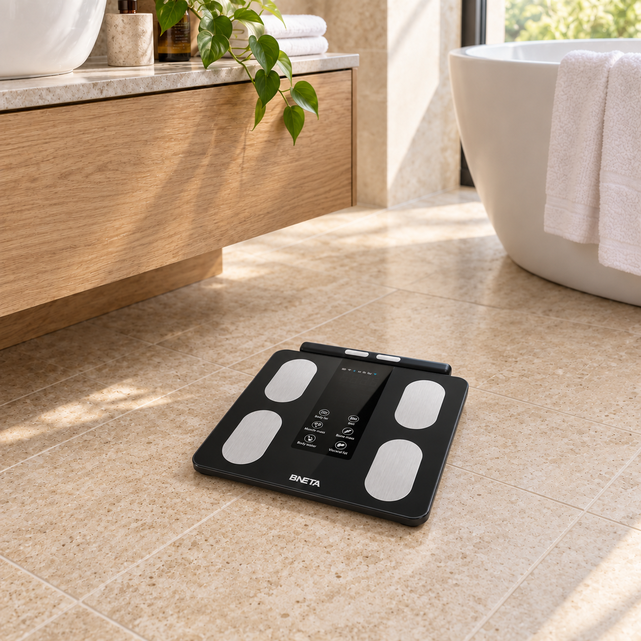 CS20H_Life4 - BNETA Digital bathroom scale with four silver foot pads sits on a beige tiled floor near a wooden vanity and a white bathtub.