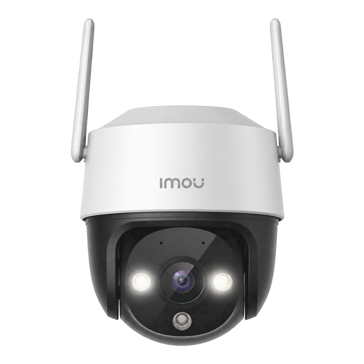 04_Cruiser_2C_Lights_On - BNETA White IMOU wireless security camera with two antennas, dome-style surveillance device.